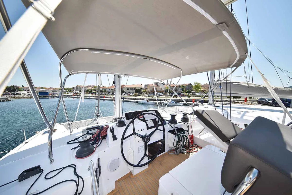 Cockpit of Inspiration I, a Nautitech 46 Fly catamaran at Grad Biograd na Moru, Croatia