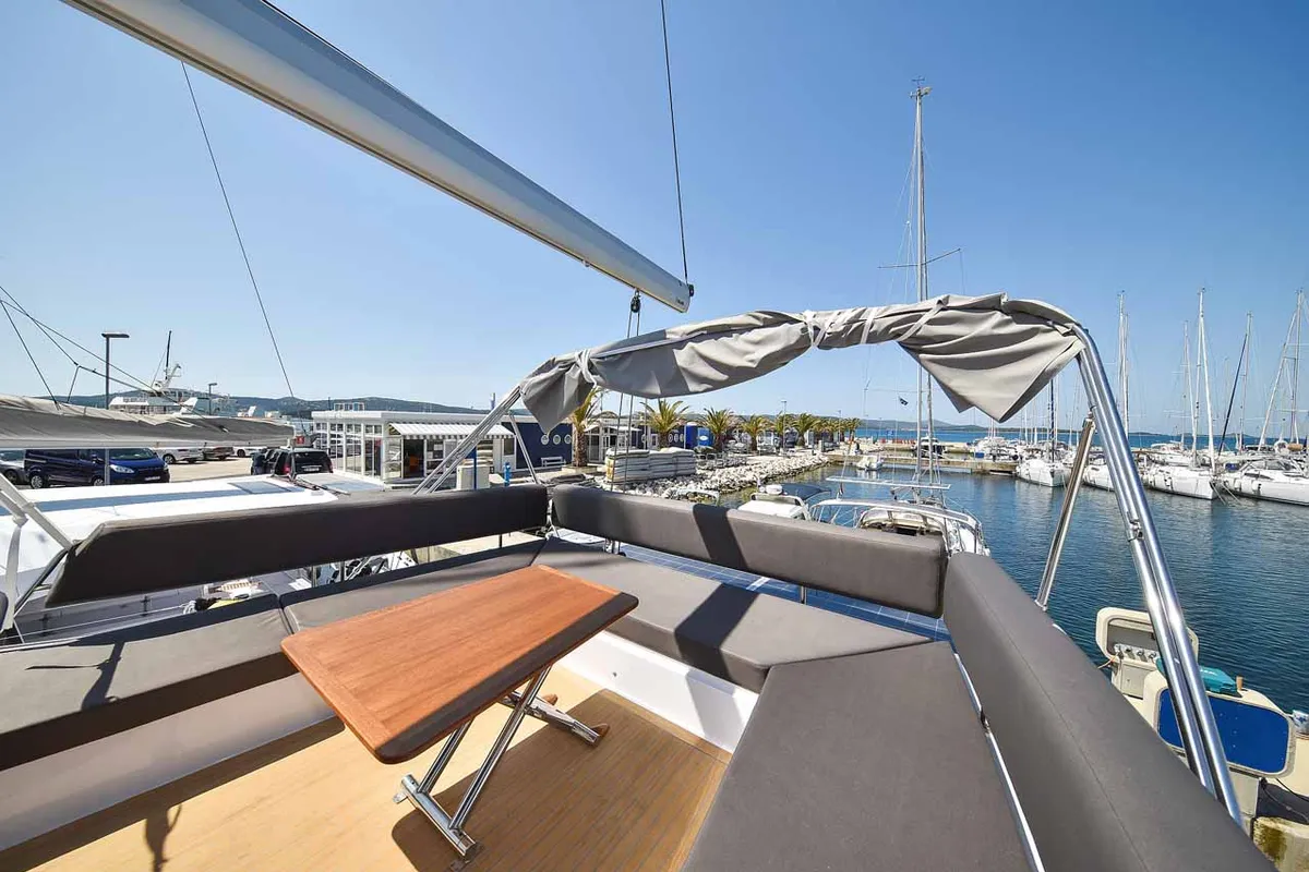 Deck of Inspiration I, a Nautitech 46 Fly catamaran at Grad Biograd na Moru, Croatia
