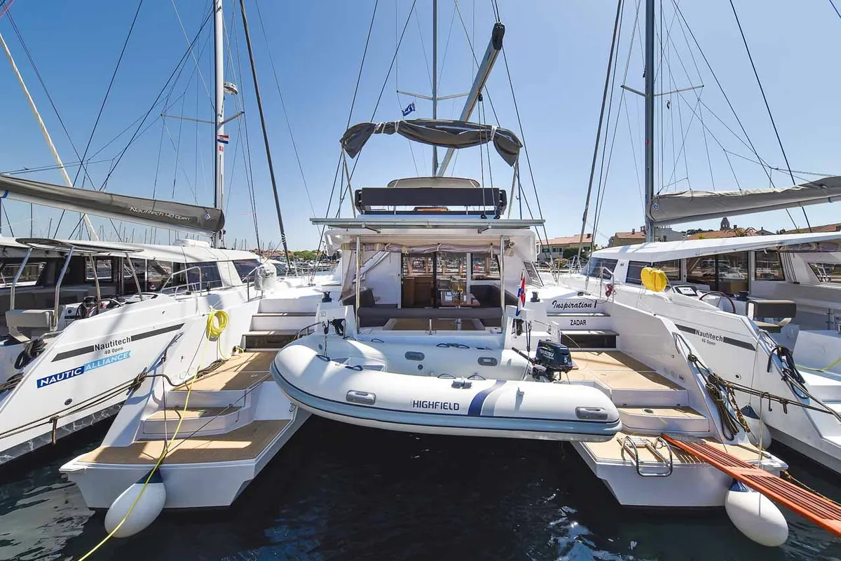Exterior view of Inspiration I, a Nautitech 46 Fly catamaran at Grad Biograd na Moru, Croatia