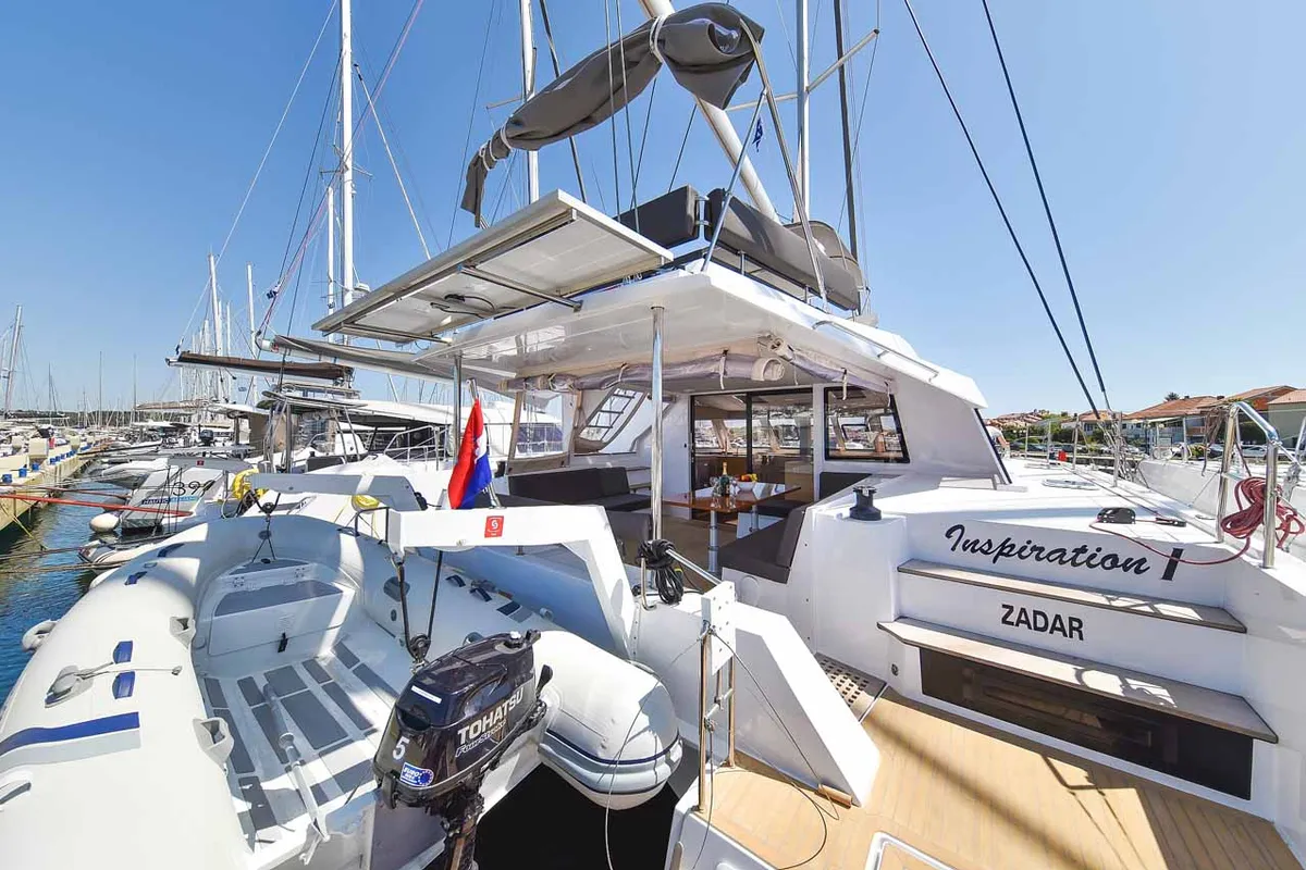 Exterior view of Inspiration I, a Nautitech 46 Fly catamaran at Grad Biograd na Moru, Croatia