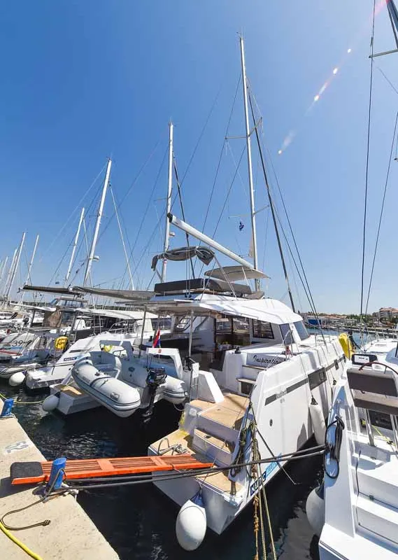 Exterior view of Inspiration I, a Nautitech 46 Fly catamaran at Grad Biograd na Moru, Croatia