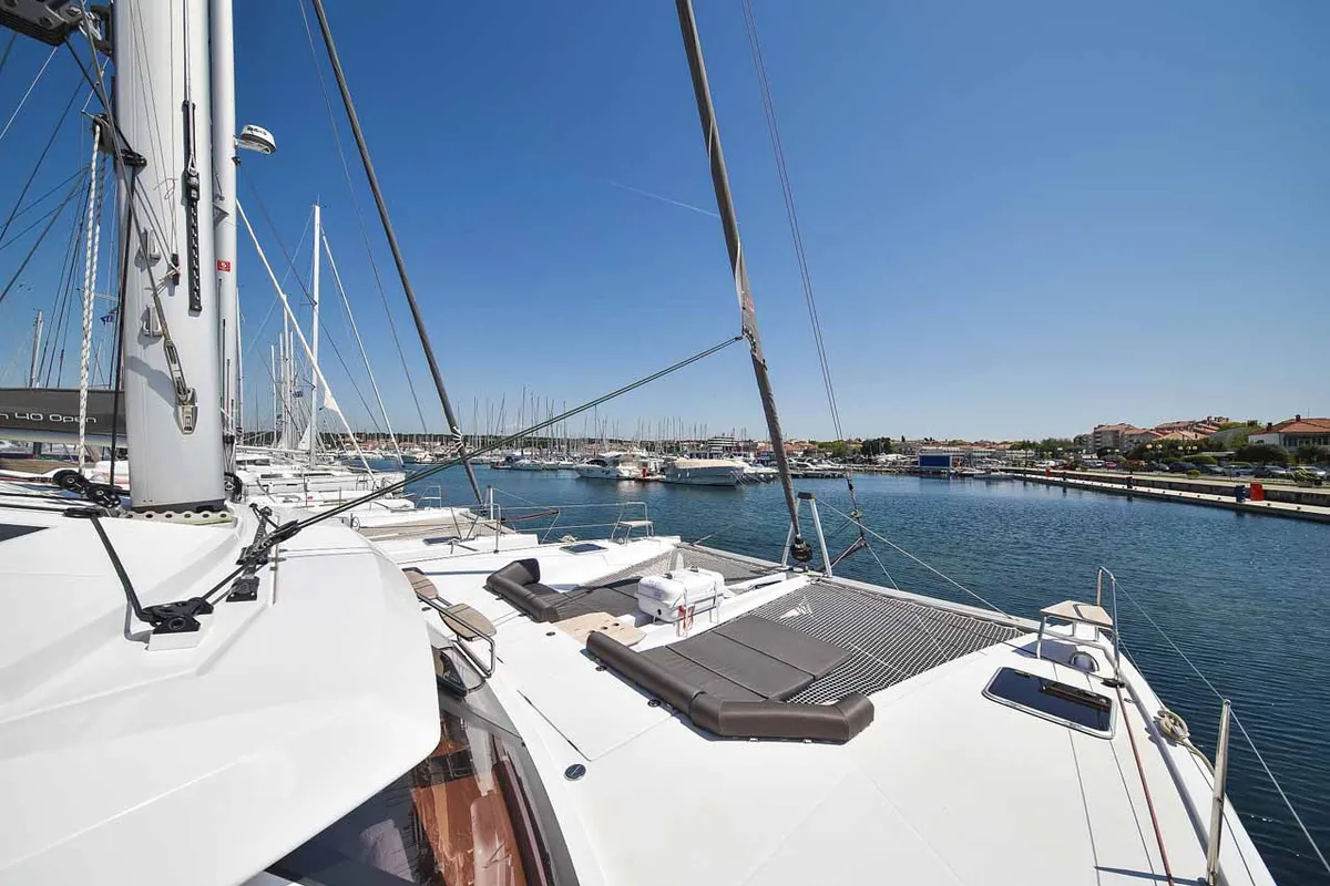 Deck of Inspiration I, a Nautitech 46 Fly catamaran at Grad Biograd na Moru, Croatia