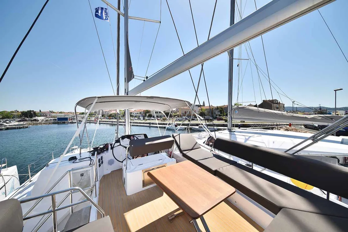 Cockpit of Inspiration I, a Nautitech 46 Fly catamaran at Grad Biograd na Moru, Croatia
