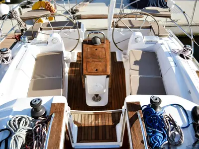Cockpit of Naias, a Elan Impression 434 sailboat at Kavala, Greece