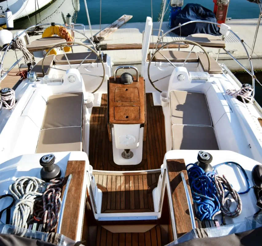 Cockpit of Naias, a Elan Impression 434 sailboat at Kavala, Greece