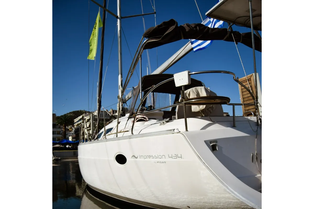 Exterior view of Naias, a Elan Impression 434 sailboat at Kavala, Greece