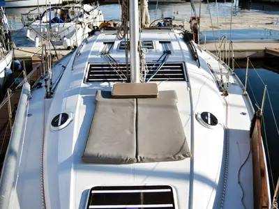 Deck of Naias, a Elan Impression 434 sailboat at Kavala, Greece