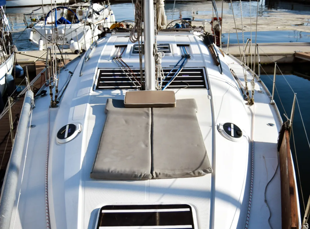 Deck of Naias, a Elan Impression 434 sailboat at Kavala, Greece