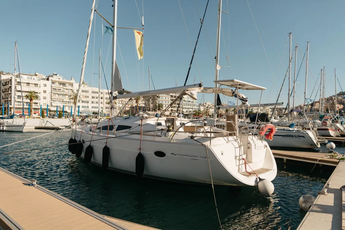 Exterior view of Naias, a Elan Impression 434 sailboat at Kavala, Greece