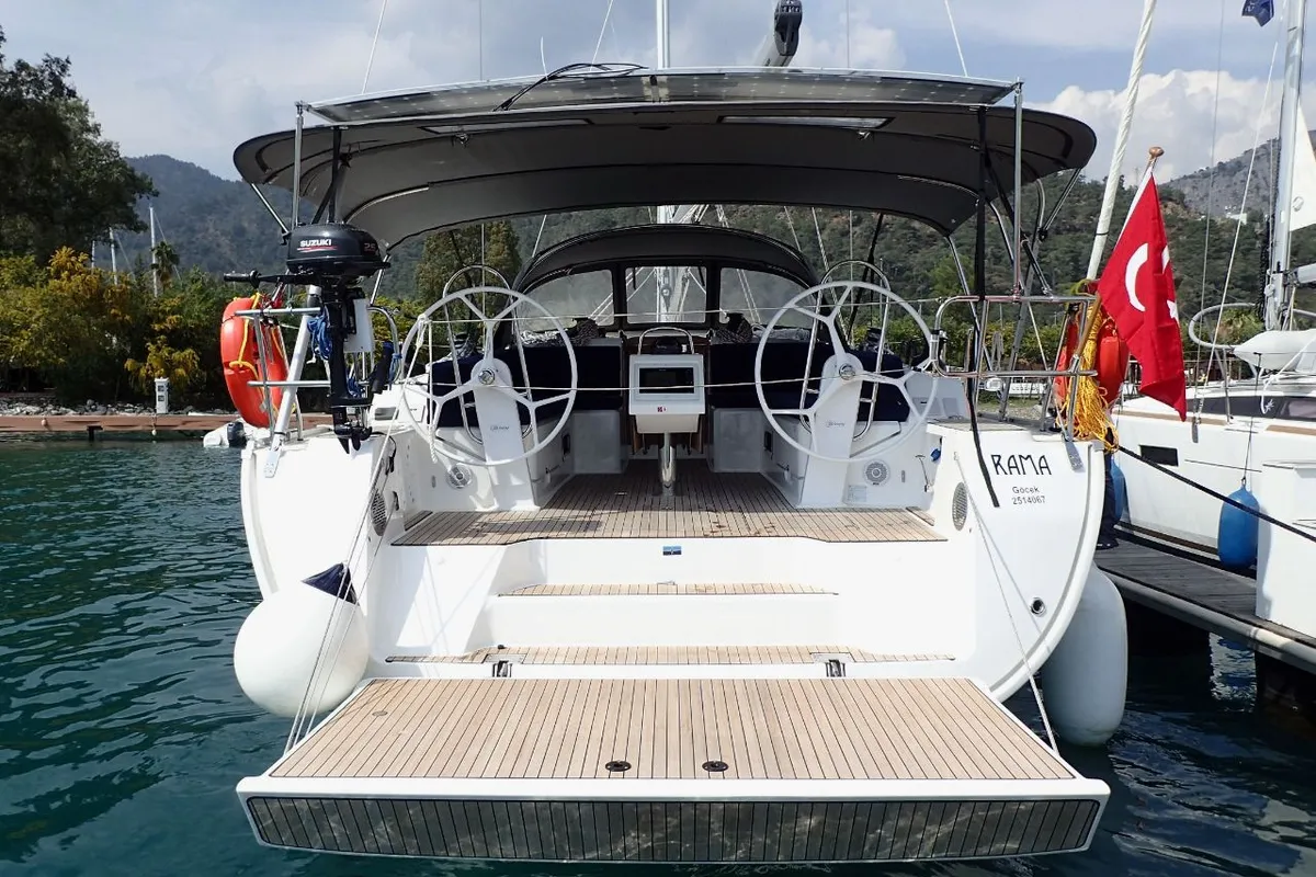 Cockpit of Rama, a Bavaria Cruiser 46 sailboat at Fethiye, Turkey