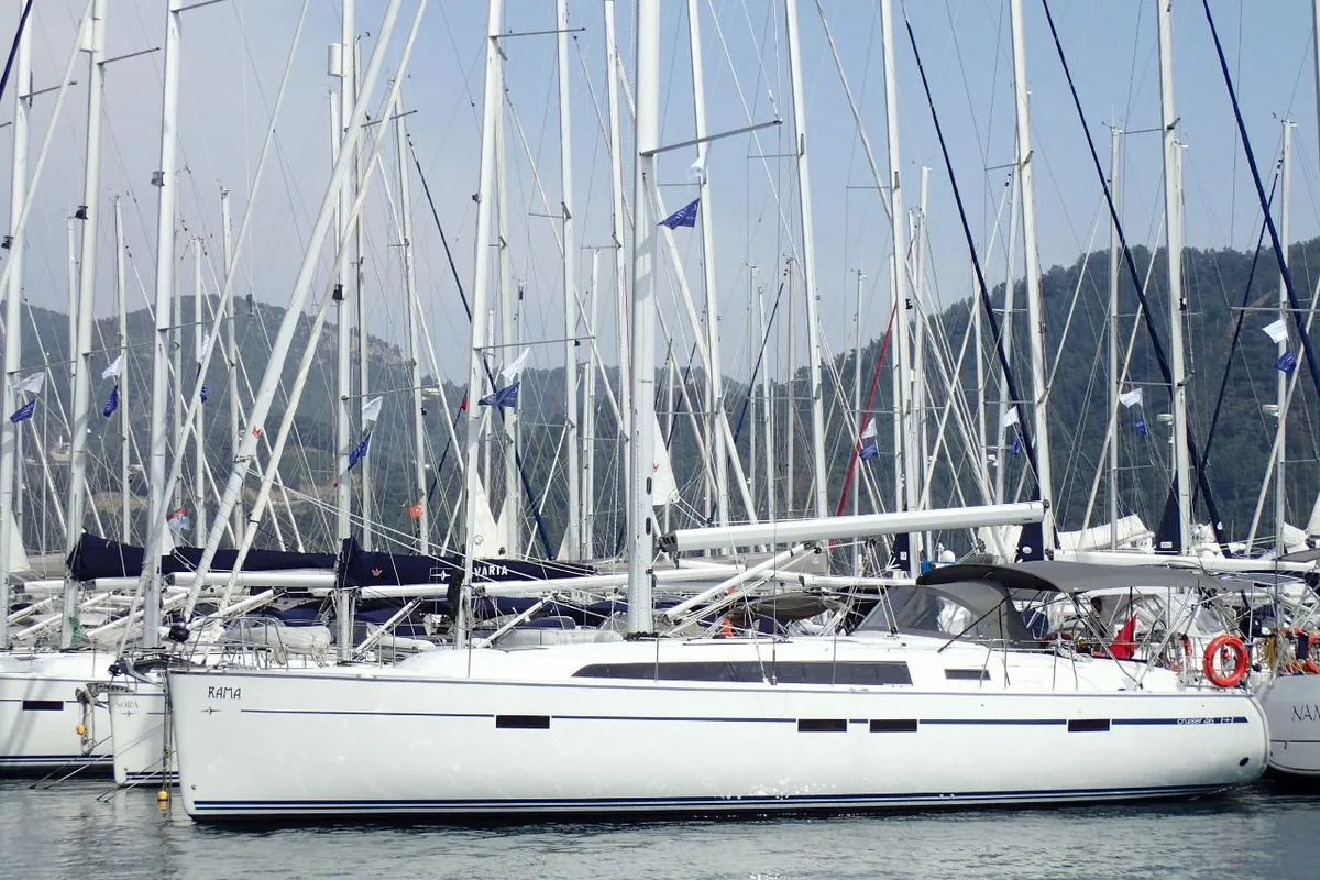 Exterior view of Rama, a Bavaria Cruiser 46 sailboat at Fethiye, Turkey