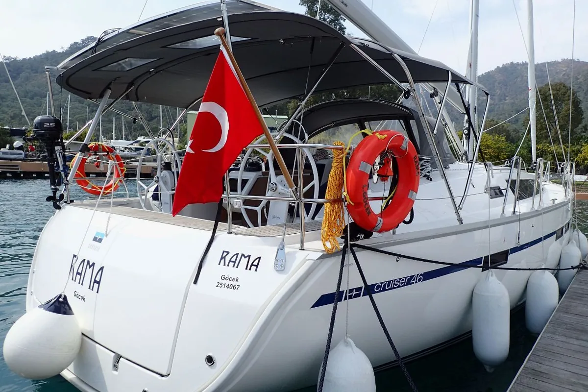 Exterior view of Rama, a Bavaria Cruiser 46 sailboat at Fethiye, Turkey