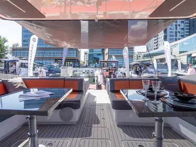 Deck of Gemini, a Dracan 42 motor yacht at Venice, Marina Vento di Venezia