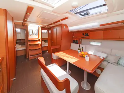 Salon of Ocean Wisper, a Dufour 430 sailboat at Port of Avdira, Greece