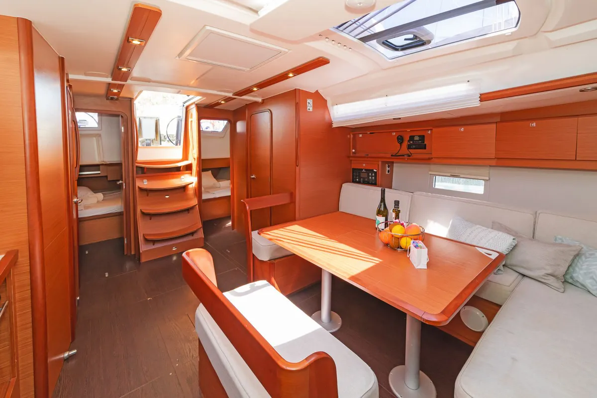 Salon of Ocean Wisper, a Dufour 430 sailboat at Port of Avdira, Greece