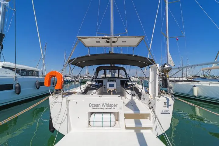 Exterior view of Ocean Wisper, a Dufour 430 sailboat at Port of Avdira, Greece