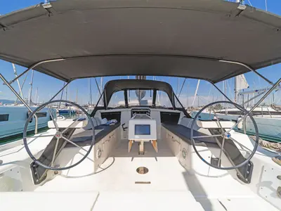 Cockpit of Ocean Wisper, a Dufour 430 sailboat at Port of Avdira, Greece