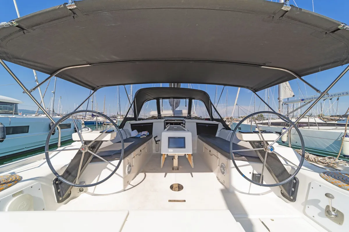 Cockpit of Ocean Wisper, a Dufour 430 sailboat at Port of Avdira, Greece