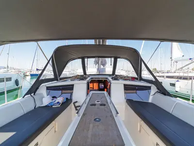 Deck of Ocean Wisper, a Dufour 430 sailboat at Port of Avdira, Greece
