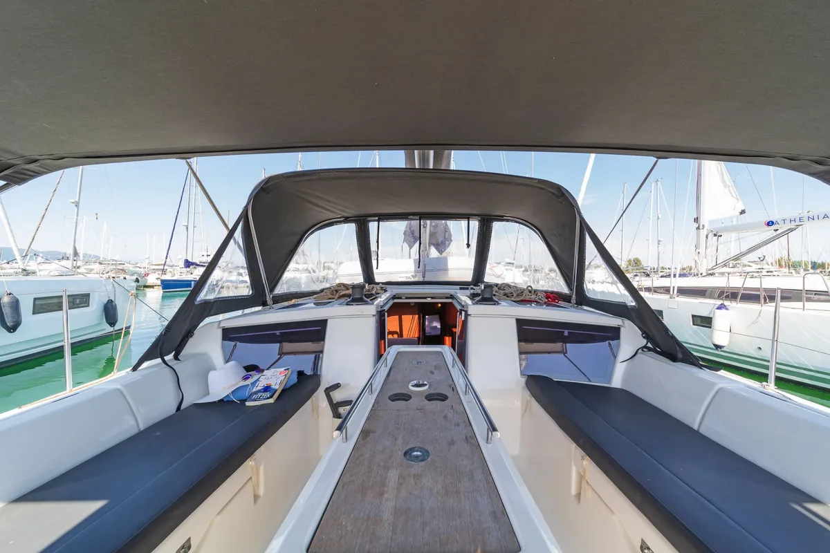 Deck of Ocean Wisper, a Dufour 430 sailboat at Port of Avdira, Greece