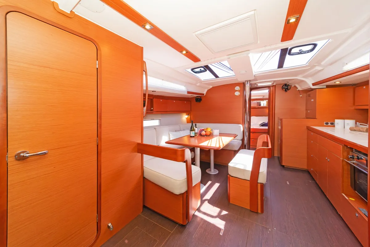Salon of Ocean Wisper, a Dufour 430 sailboat at Port of Avdira, Greece