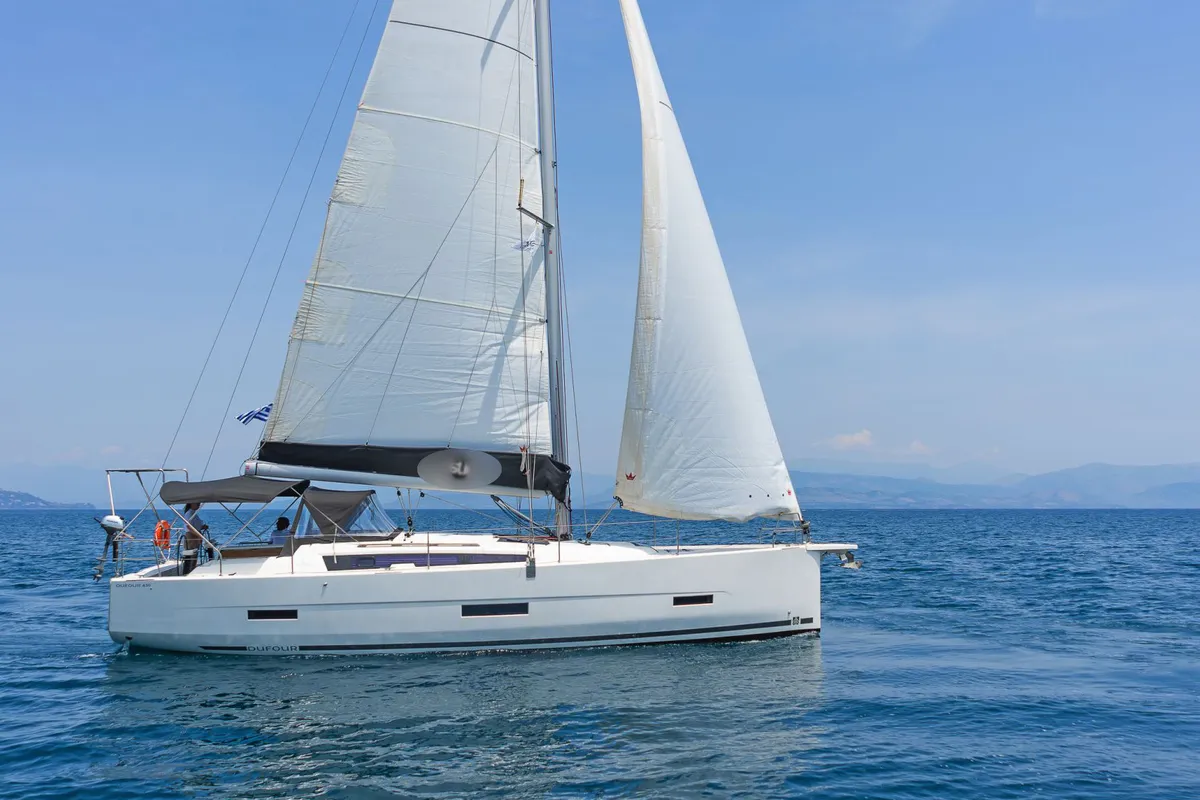Exterior view of Ocean Wisper, a Dufour 430 sailboat at Port of Avdira, Greece