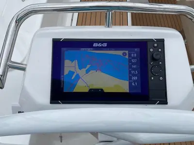 Cockpit of Amore, a Bavaria Cruiser 46 sailboat at Lefkada, Greece