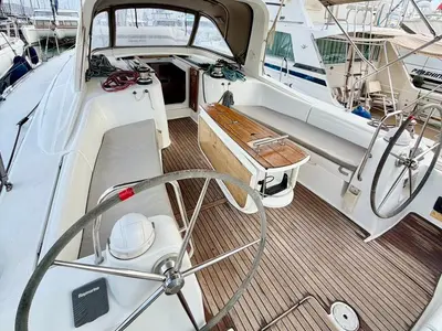 Cockpit of ZOI, a Beneteau Oceanis 50 Family sailboat at Municipal Unit of Lefkada, Greece