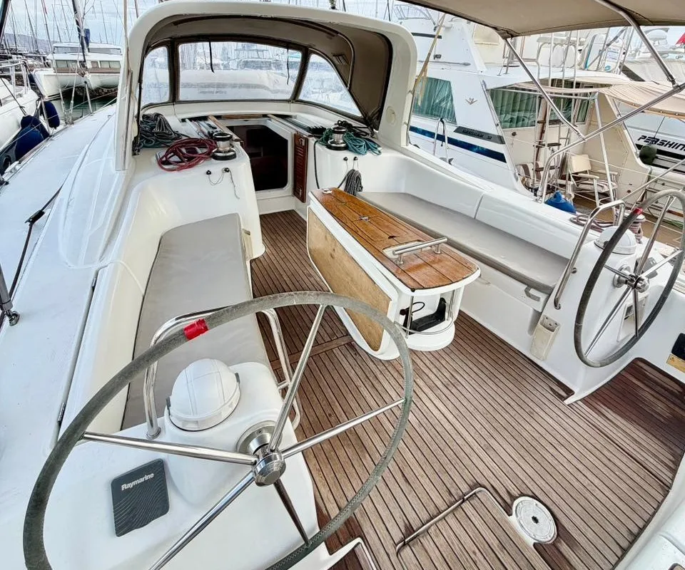 Cockpit of ZOI, a Beneteau Oceanis 50 Family sailboat at Municipal Unit of Lefkada, Greece