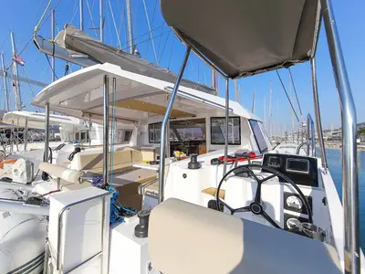 Cockpit of Rosa, a Nautitech 40 Open catamaran at Grad Trogir, Croatia