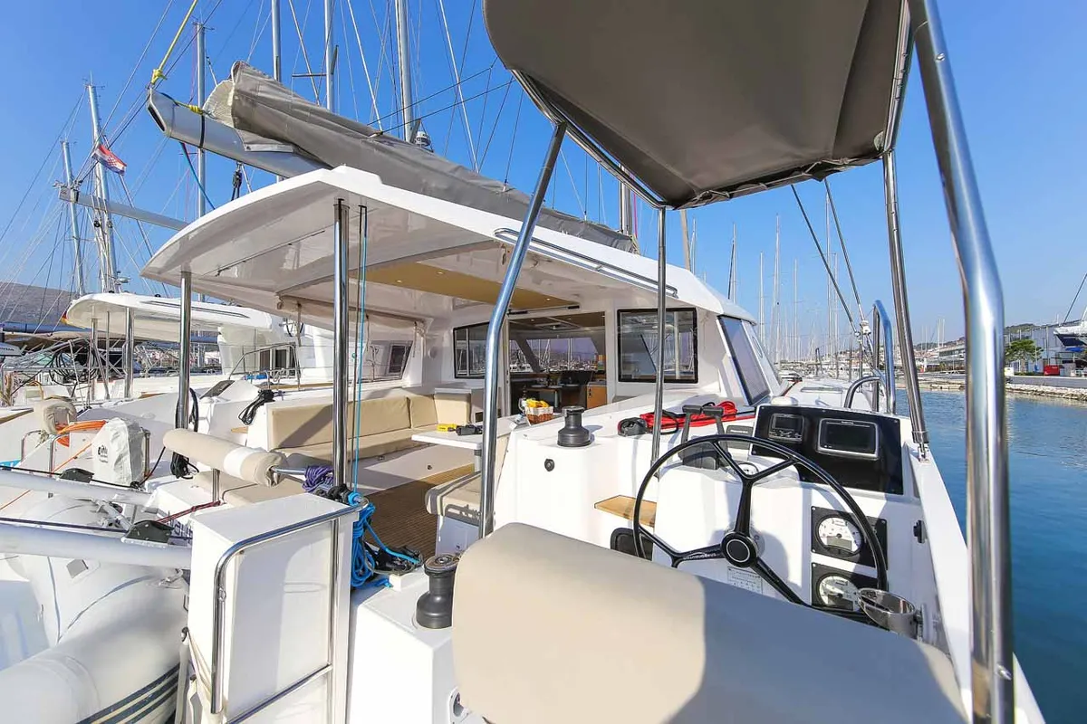 Cockpit of Rosa, a Nautitech 40 Open catamaran at Grad Trogir, Croatia