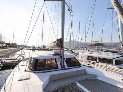 Deck of Rosa, a Nautitech 40 Open catamaran at Grad Trogir, Croatia
