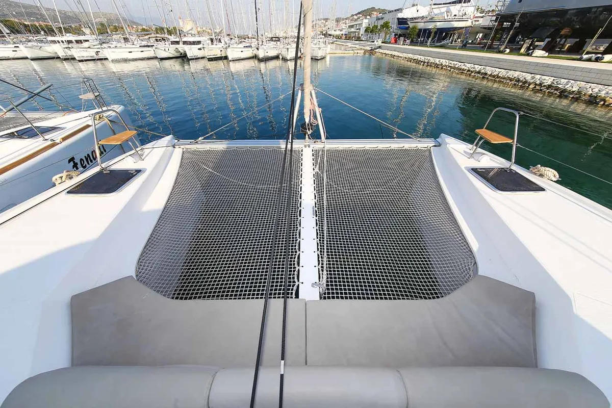 Deck of Rosa, a Nautitech 40 Open catamaran at Grad Trogir, Croatia