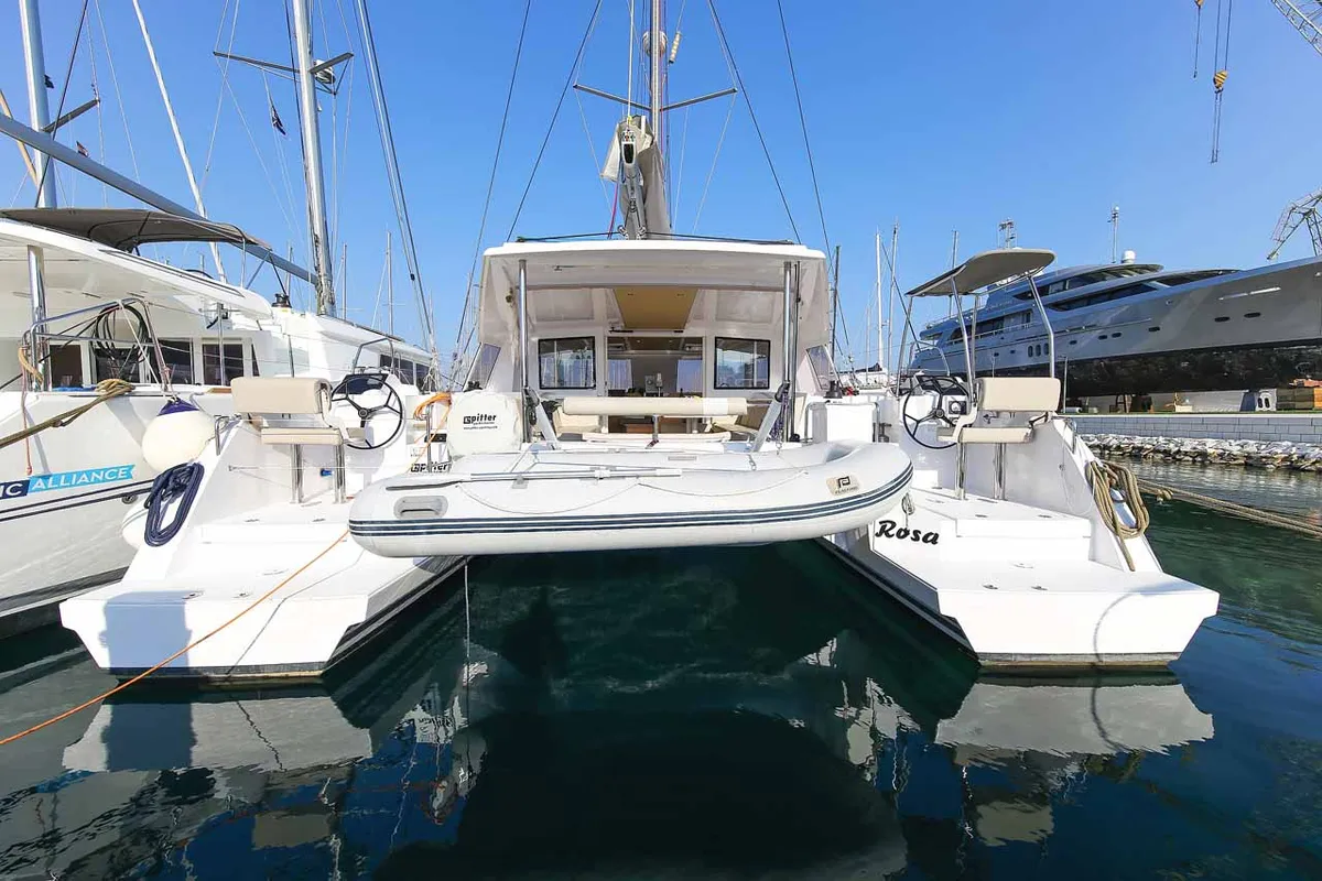 Exterior view of Rosa, a Nautitech 40 Open catamaran at Grad Trogir, Croatia