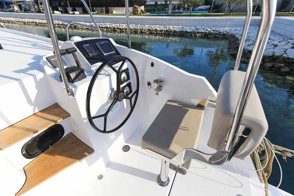 Cockpit of Rosa, a Nautitech 40 Open catamaran at Grad Trogir, Croatia
