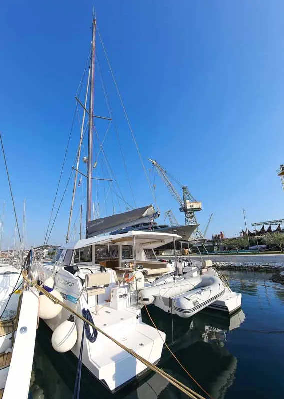 Exterior view of Rosa, a Nautitech 40 Open catamaran at Grad Trogir, Croatia
