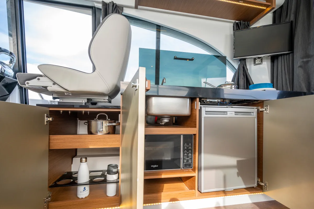 Galley of ELA, a Beneteau Antares 11 OB motorboat at Grad Pula, Croatia