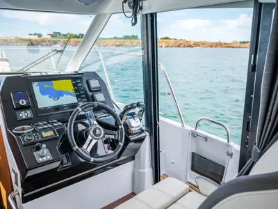 Cockpit of ELA, a Beneteau Antares 11 OB motorboat at Grad Pula, Croatia