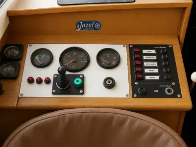 Cockpit of Lotte, a Linssen 800 motorboat at Woudsend, Netherlands
