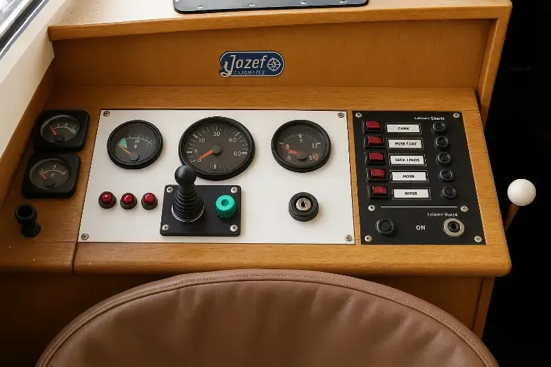 Cockpit of Lotte, a Linssen 800 motorboat at Woudsend, Netherlands