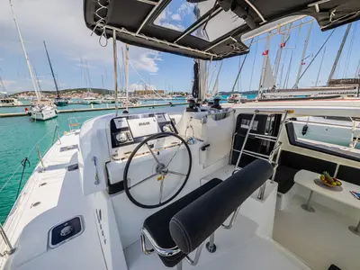 Cockpit of Edita, a Lagoon 42 catamaran at Seget Donji, Croatia