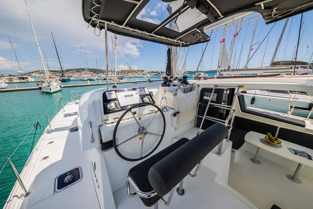 Cockpit of Edita, a Lagoon 42 catamaran at Seget Donji, Croatia