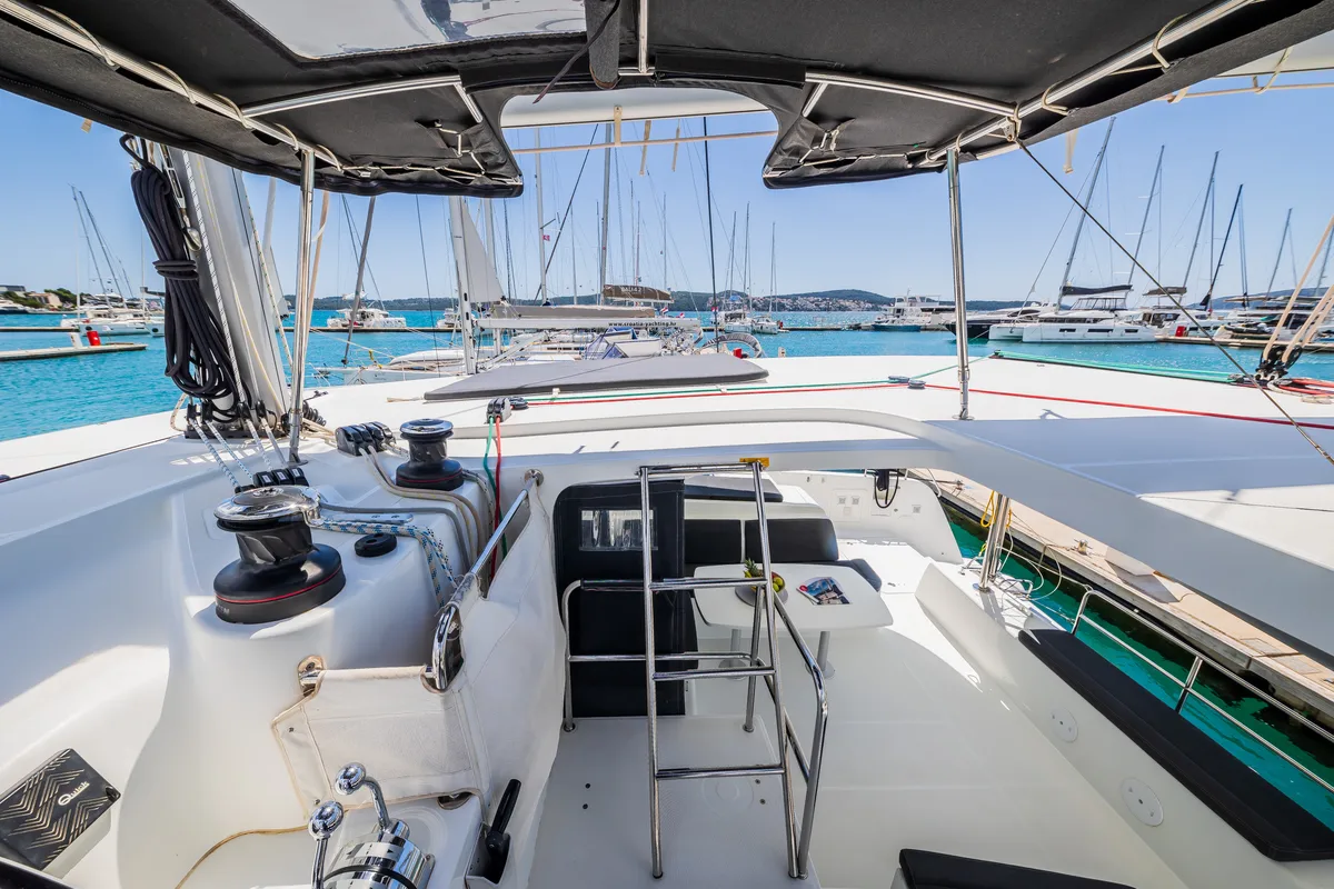 Deck of Edita, a Lagoon 42 catamaran at Seget Donji, Croatia