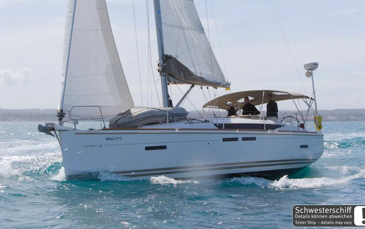 Exterior view of Veterano, a Jeanneau Sun Odyssey 409 sailboat at Barth, Germany