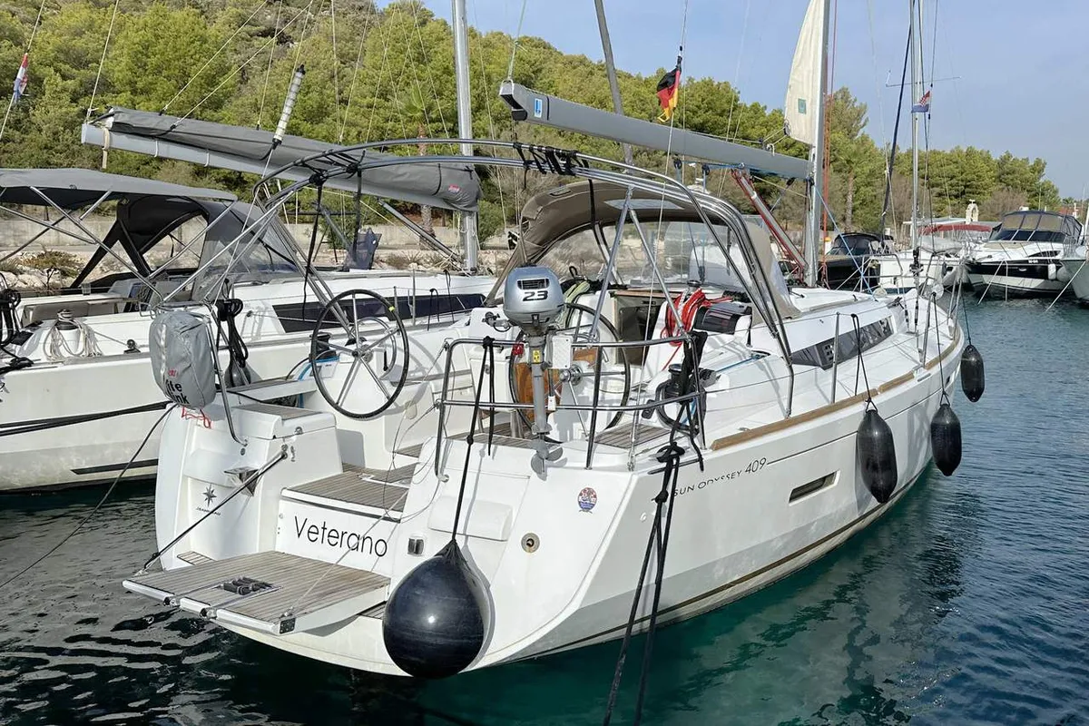 Exterior view of Veterano, a Jeanneau Sun Odyssey 409 sailboat at Barth, Germany