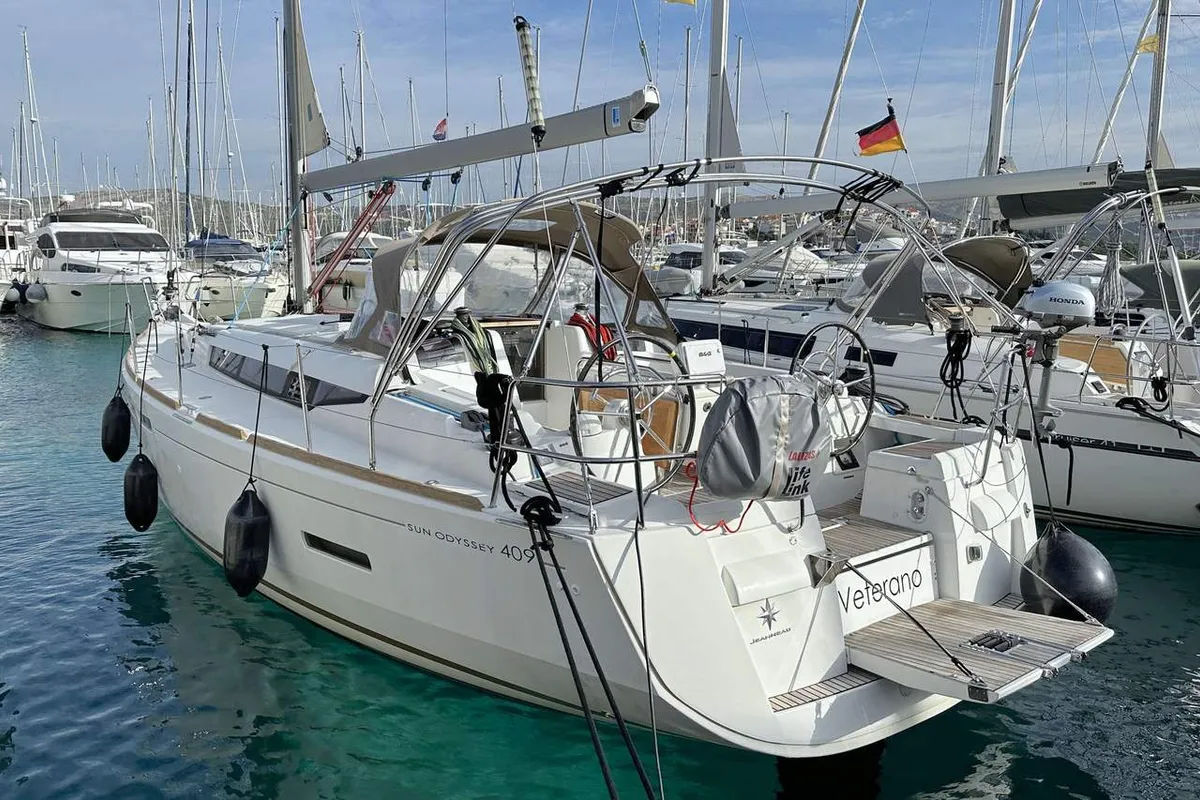 Exterior view of Veterano, a Jeanneau Sun Odyssey 409 sailboat at Barth, Germany