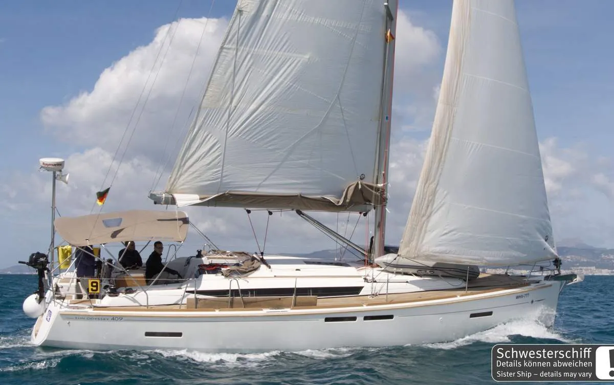 Exterior view of Veterano, a Jeanneau Sun Odyssey 409 sailboat at Barth, Germany