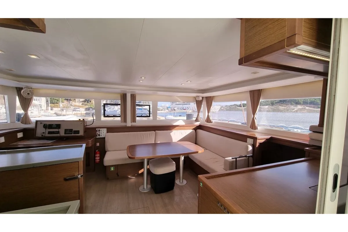 Salon of Carmela, a Lagoon 450 Fly catamaran at Sant Antoni de Portmany, Spain