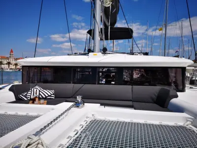 Deck of Carmela, a Lagoon 450 Fly catamaran at Sant Antoni de Portmany, Spain