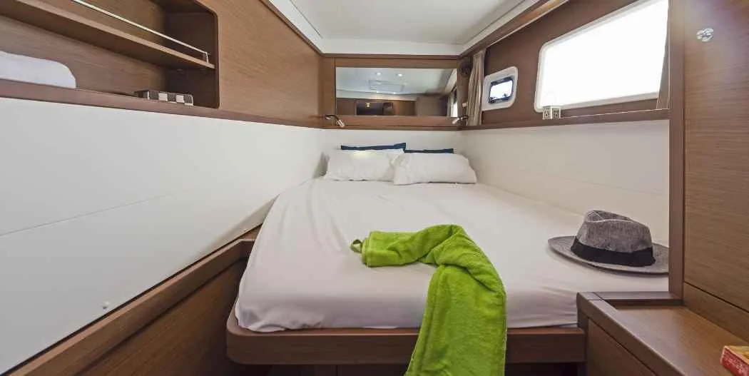 Cabin on Carmela, a Lagoon 450 Fly catamaran at Sant Antoni de Portmany, Spain